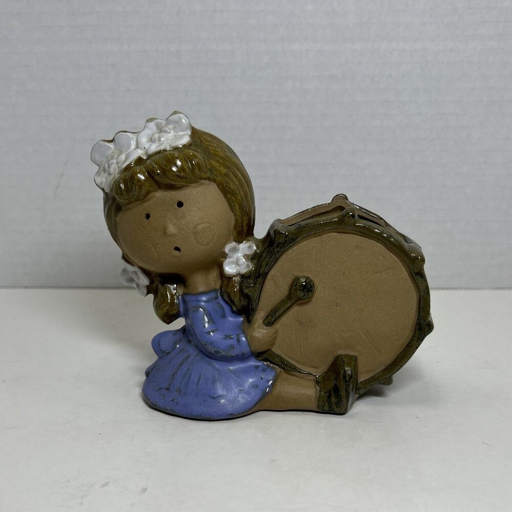 Vtg 1970's Stoneware Drummer Girl 4" Figurine Vase Planter Counterpoint SF-Japan